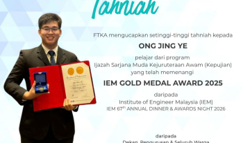 Setinggi-tinggi tahniah diucapkan kepada Saudara Ong Jing Ye, pelajar program Ijazah Sarjana Muda Kejuruteraan Awam (Kepujian) atas kejayaan cemerlang memenangi IEM Gold Medal Awards 2025 pada 18 April 2026 di IEM 67th Annual Dinner & Awards Night 2026